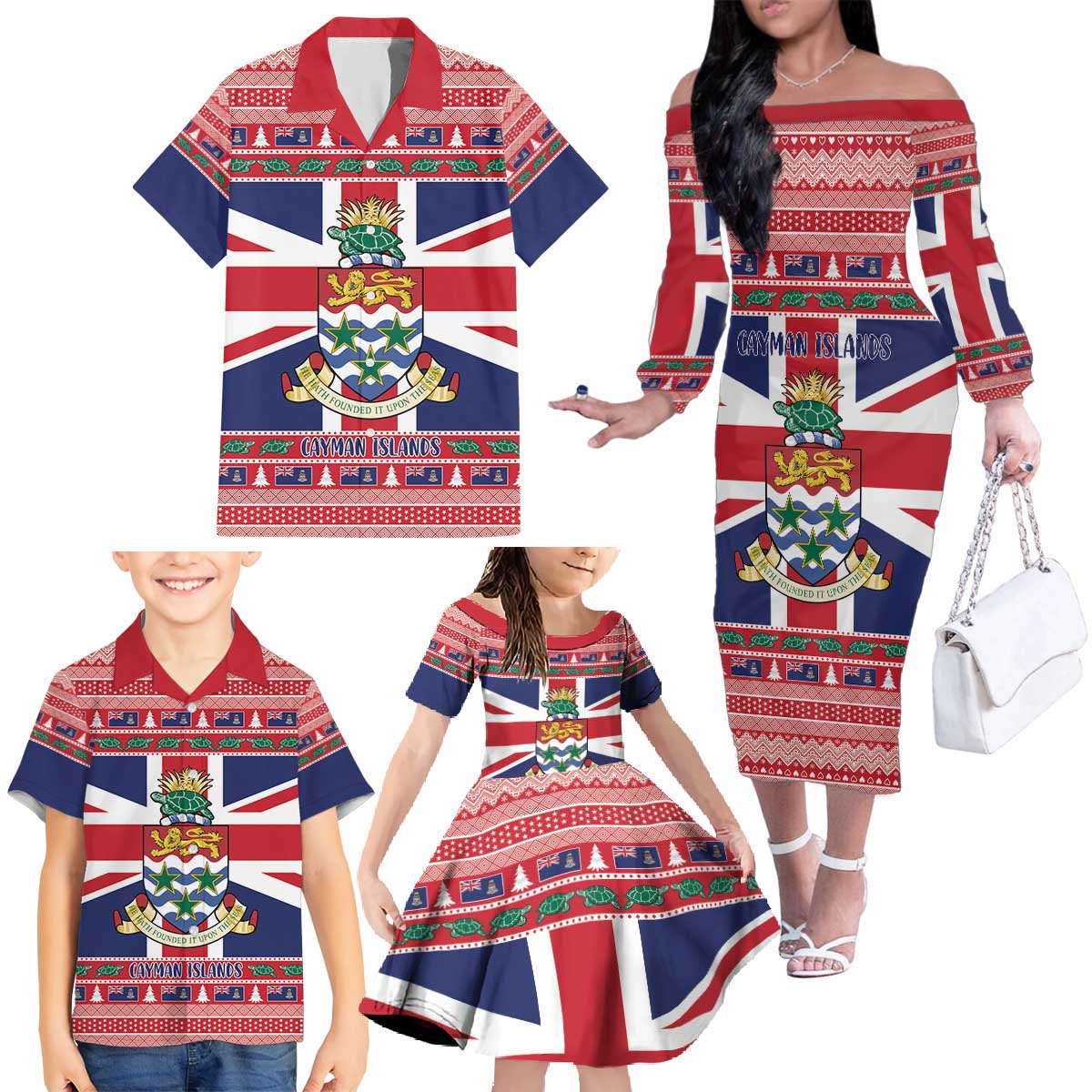 Cayman Islands Christmas Family Matching Off The Shoulder Long Sleeve Dress and Hawaiian Shirt Coat Of Arms - Flag Style - Wonder Print Shop