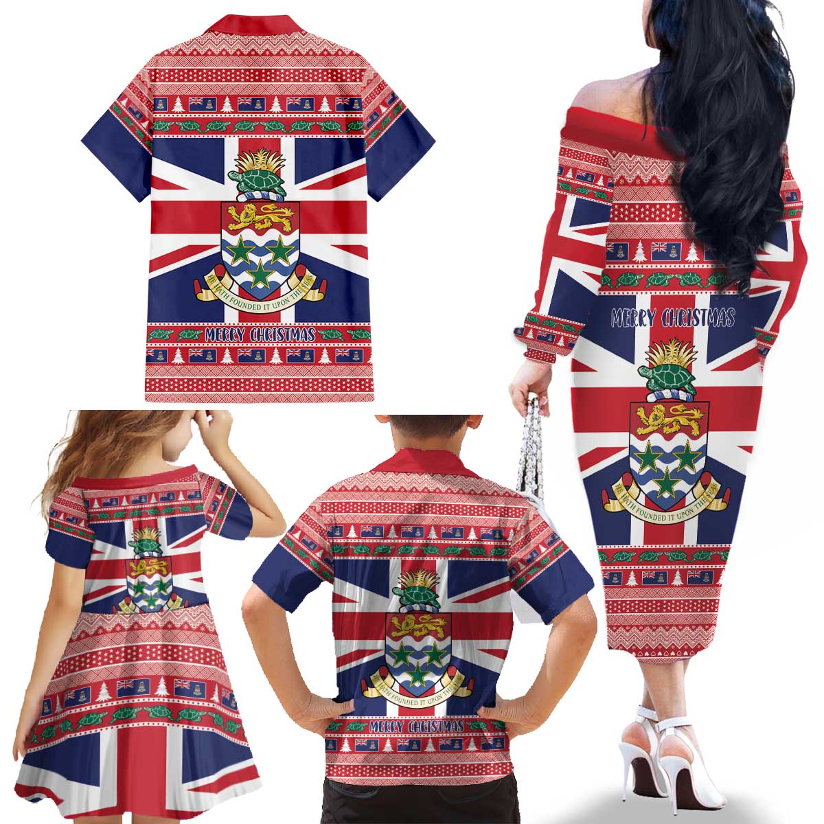 Cayman Islands Christmas Family Matching Off The Shoulder Long Sleeve Dress and Hawaiian Shirt Coat Of Arms - Flag Style - Wonder Print Shop