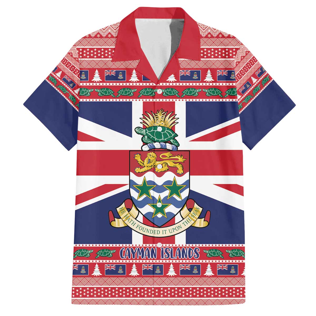 Cayman Islands Christmas Family Matching Off The Shoulder Long Sleeve Dress and Hawaiian Shirt Coat Of Arms - Flag Style - Wonder Print Shop