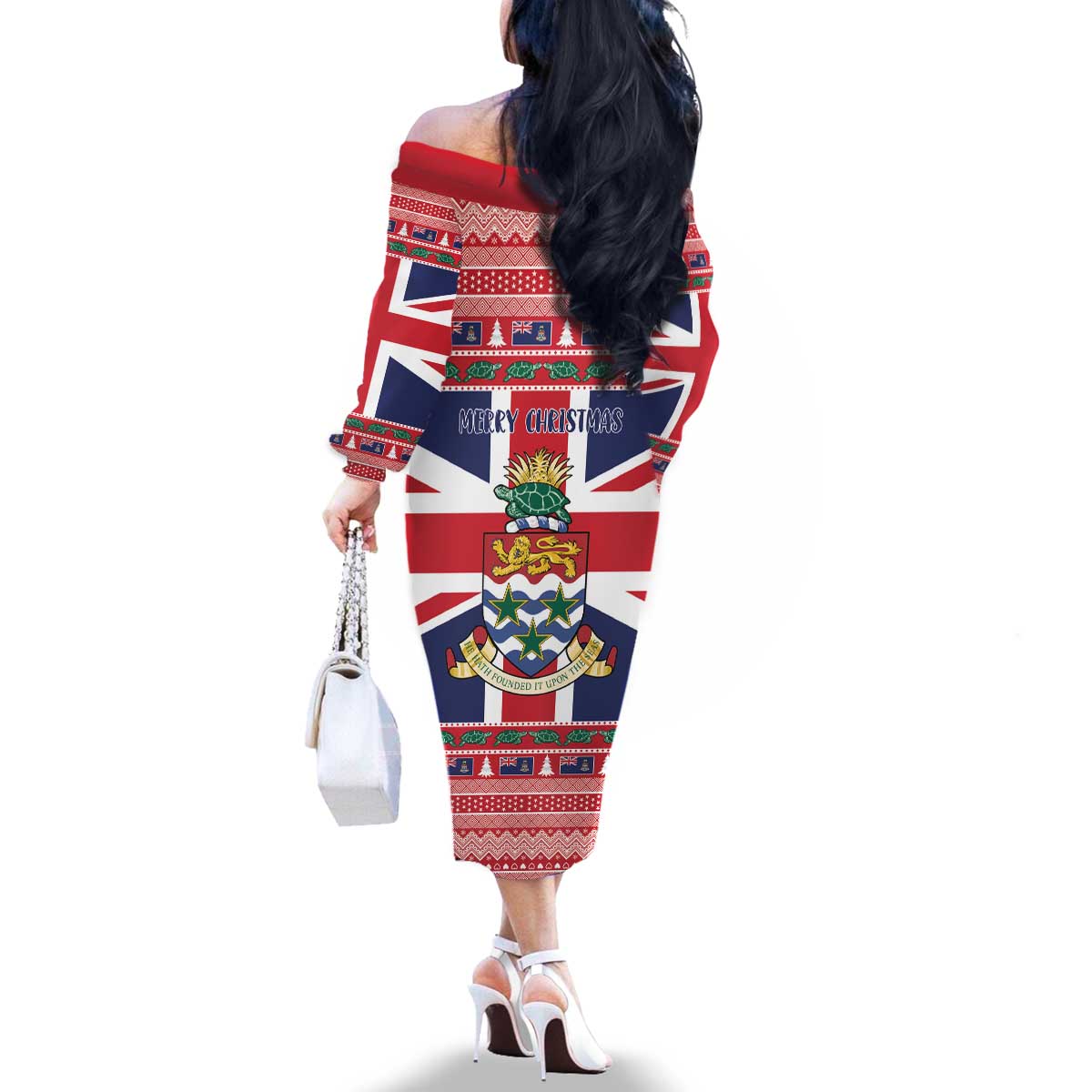 Cayman Islands Christmas Family Matching Off The Shoulder Long Sleeve Dress and Hawaiian Shirt Coat Of Arms - Flag Style - Wonder Print Shop