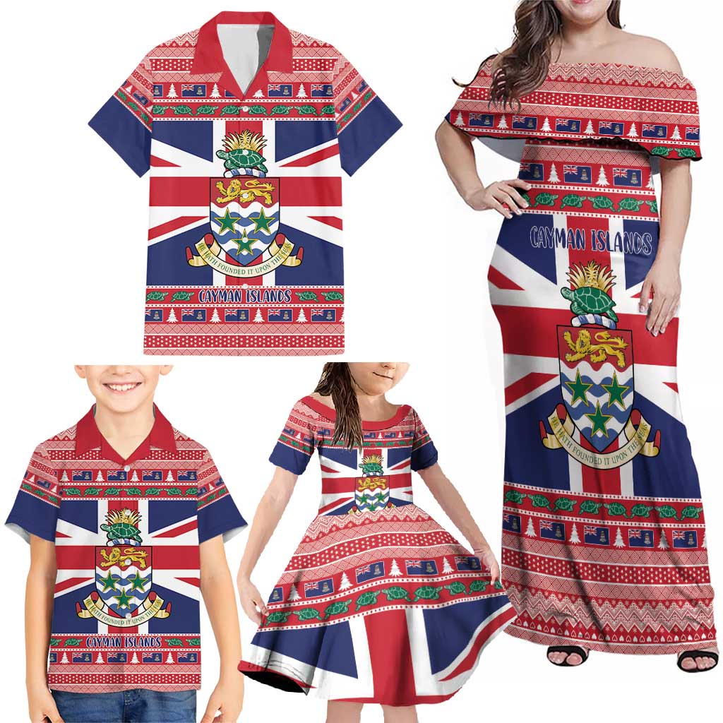Cayman Islands Christmas Family Matching Off Shoulder Maxi Dress and Hawaiian Shirt Coat Of Arms - Flag Style - Wonder Print Shop