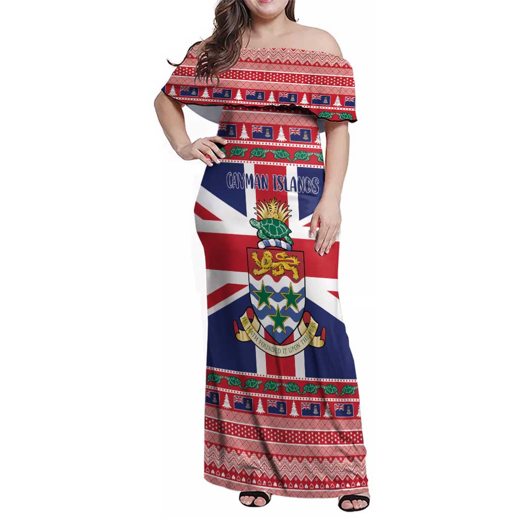Cayman Islands Christmas Family Matching Off Shoulder Maxi Dress and Hawaiian Shirt Coat Of Arms - Flag Style - Wonder Print Shop