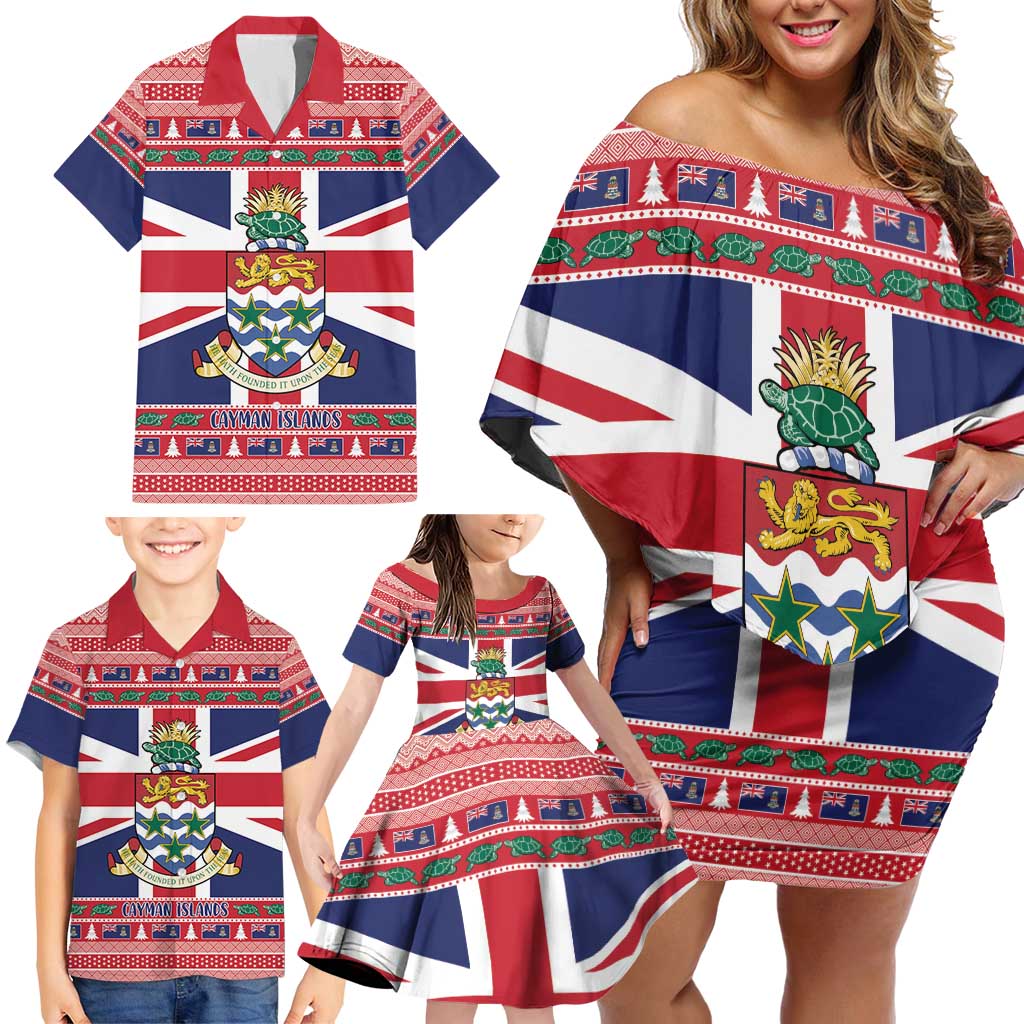 Cayman Islands Christmas Family Matching Off Shoulder Short Dress and Hawaiian Shirt Coat Of Arms - Flag Style - Wonder Print Shop