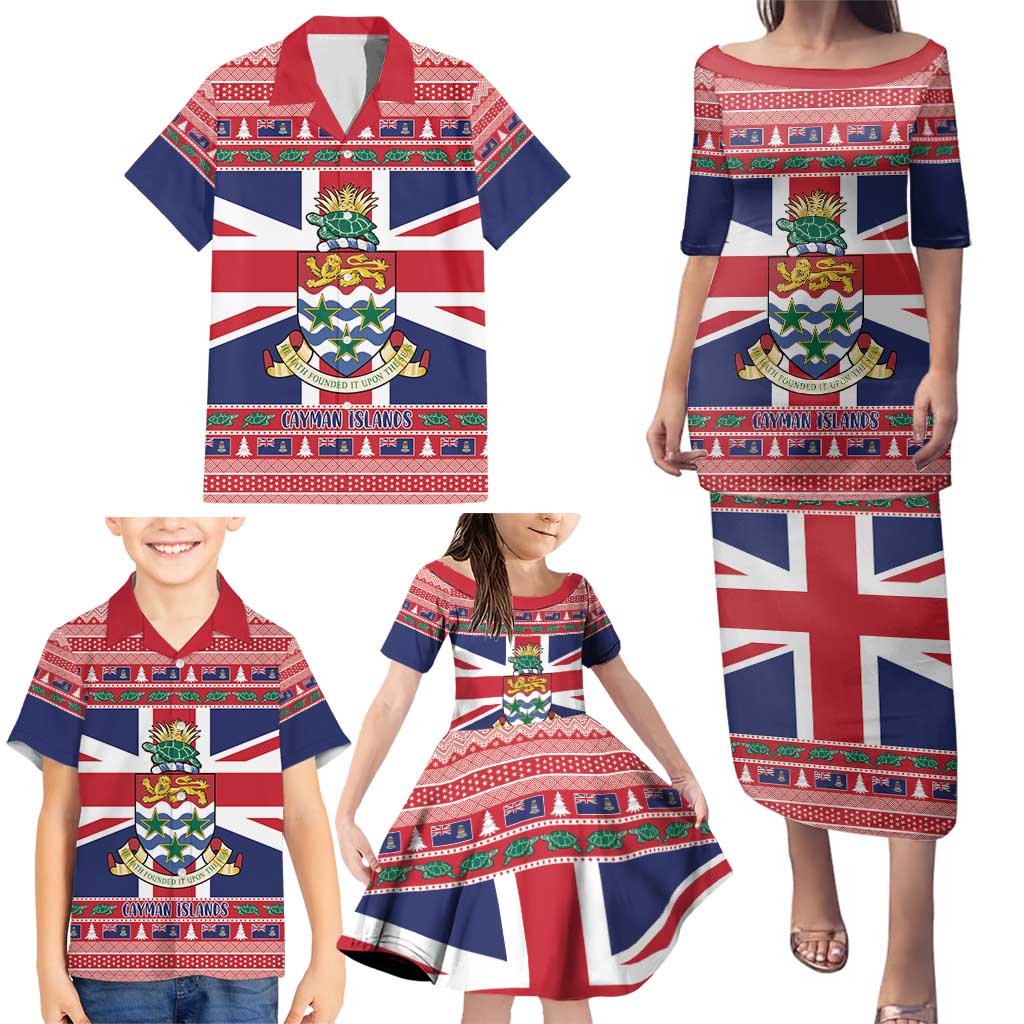 Cayman Islands Christmas Family Matching Puletasi and Hawaiian Shirt Coat Of Arms - Flag Style - Wonder Print Shop