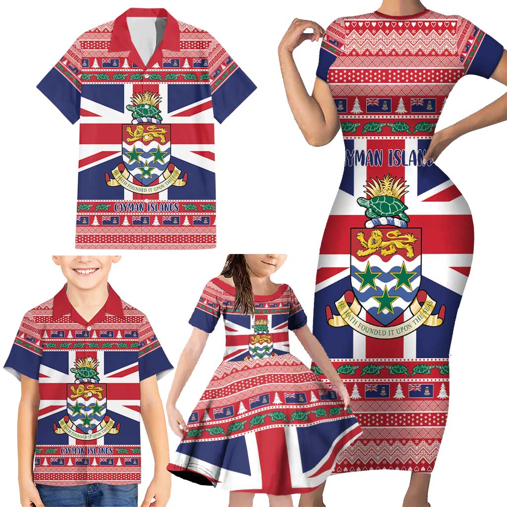 Cayman Islands Christmas Family Matching Short Sleeve Bodycon Dress and Hawaiian Shirt Coat Of Arms - Flag Style - Wonder Print Shop