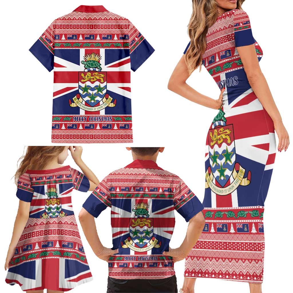 Cayman Islands Christmas Family Matching Short Sleeve Bodycon Dress and Hawaiian Shirt Coat Of Arms - Flag Style - Wonder Print Shop