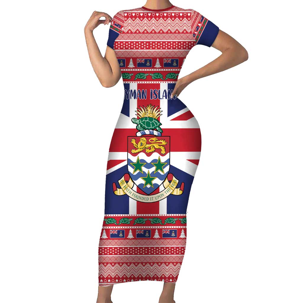 Cayman Islands Christmas Family Matching Short Sleeve Bodycon Dress and Hawaiian Shirt Coat Of Arms - Flag Style - Wonder Print Shop