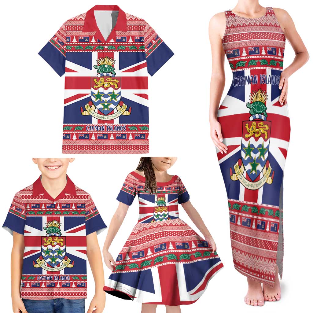 Cayman Islands Christmas Family Matching Tank Maxi Dress and Hawaiian Shirt Coat Of Arms - Flag Style - Wonder Print Shop