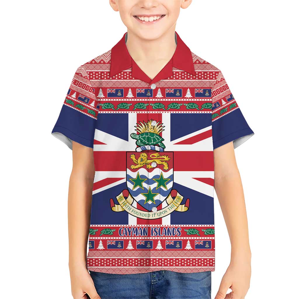 Cayman Islands Christmas Kid Hawaiian Shirt Coat Of Arms - Flag Style - Wonder Print Shop