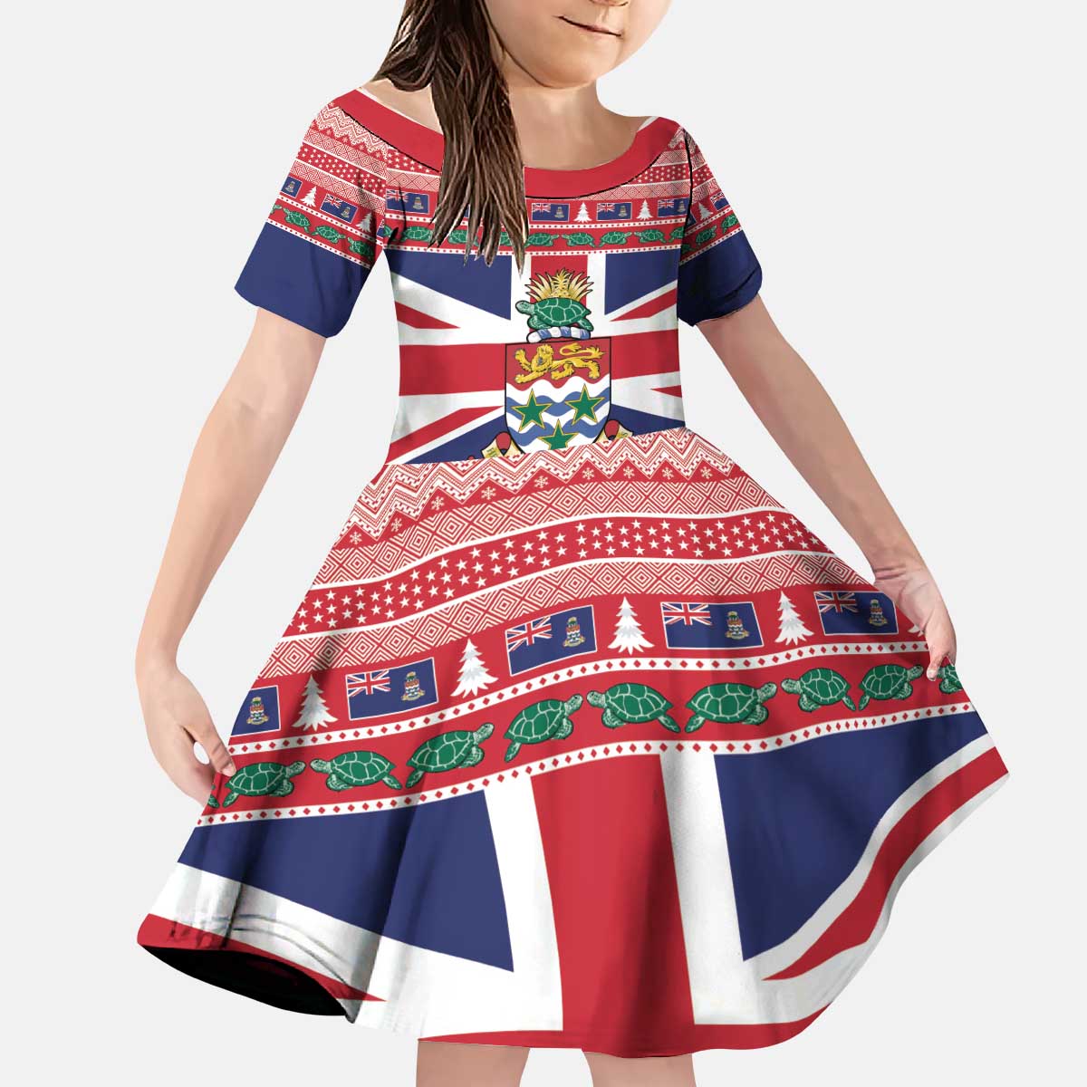 Cayman Islands Christmas Kid Short Sleeve Dress Coat Of Arms - Flag Style - Wonder Print Shop
