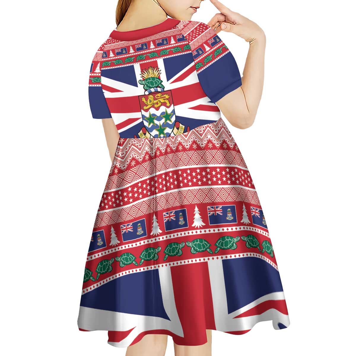 Cayman Islands Christmas Kid Short Sleeve Dress Coat Of Arms - Flag Style - Wonder Print Shop