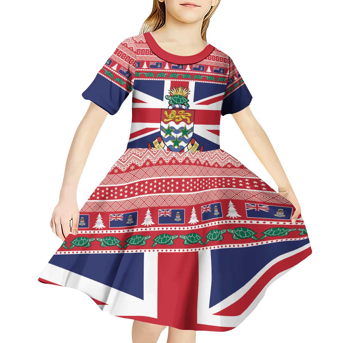 Cayman Islands Christmas Kid Short Sleeve Dress Coat Of Arms - Flag Style - Wonder Print Shop