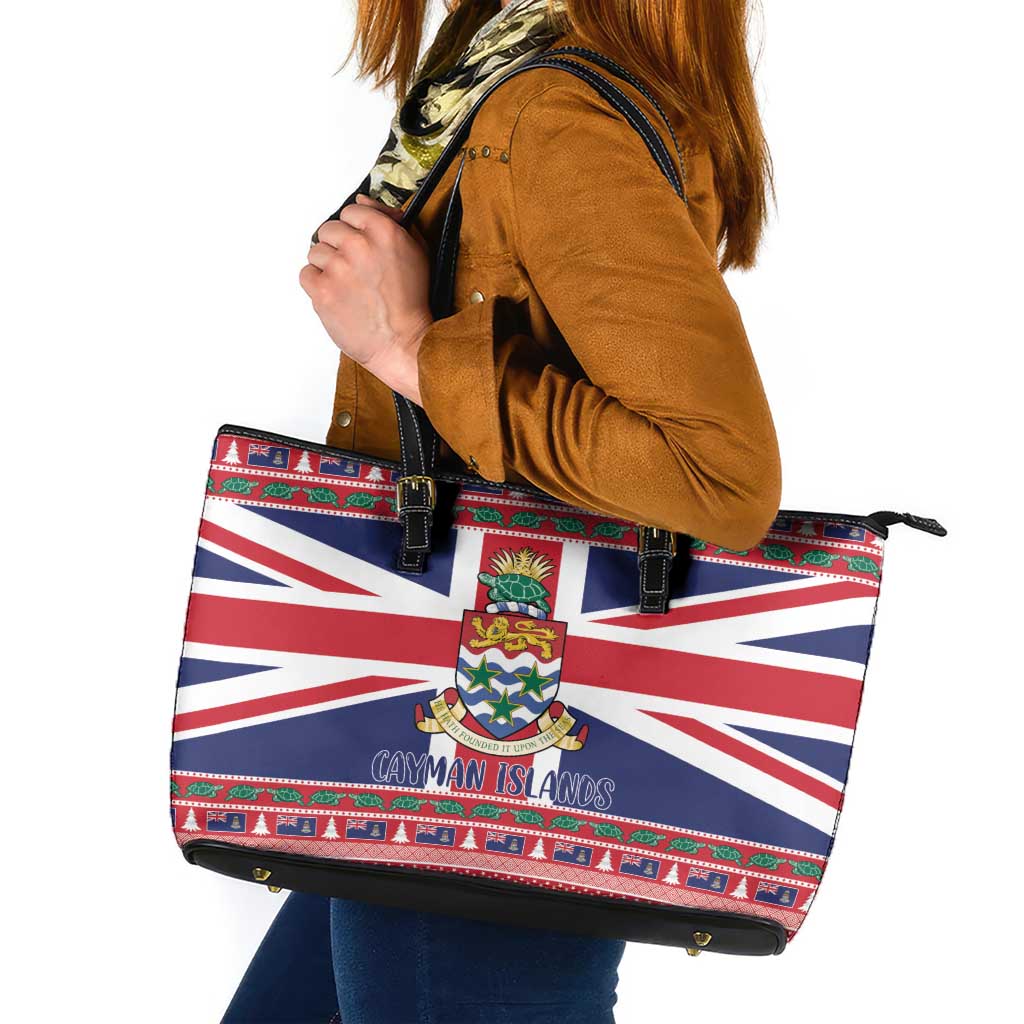 Cayman Islands Christmas Leather Tote Bag Coat Of Arms - Flag Style - Wonder Print Shop