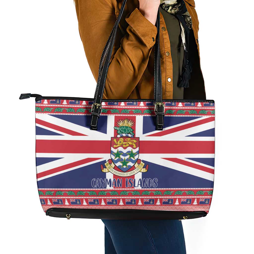 Cayman Islands Christmas Leather Tote Bag Coat Of Arms - Flag Style - Wonder Print Shop