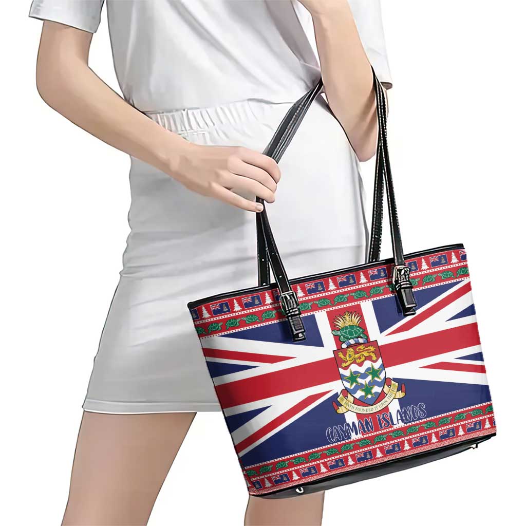 Cayman Islands Christmas Leather Tote Bag Coat Of Arms - Flag Style - Wonder Print Shop