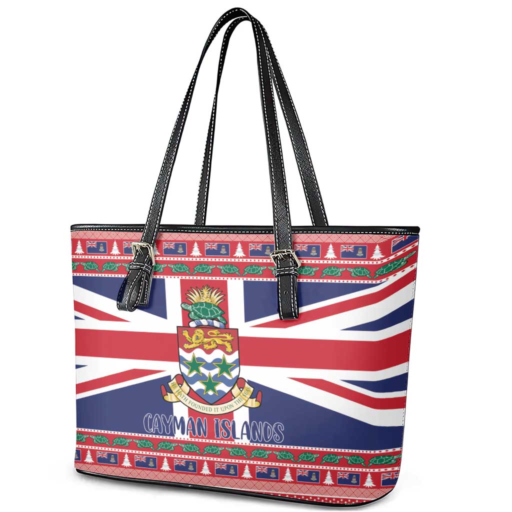 Cayman Islands Christmas Leather Tote Bag Coat Of Arms - Flag Style - Wonder Print Shop