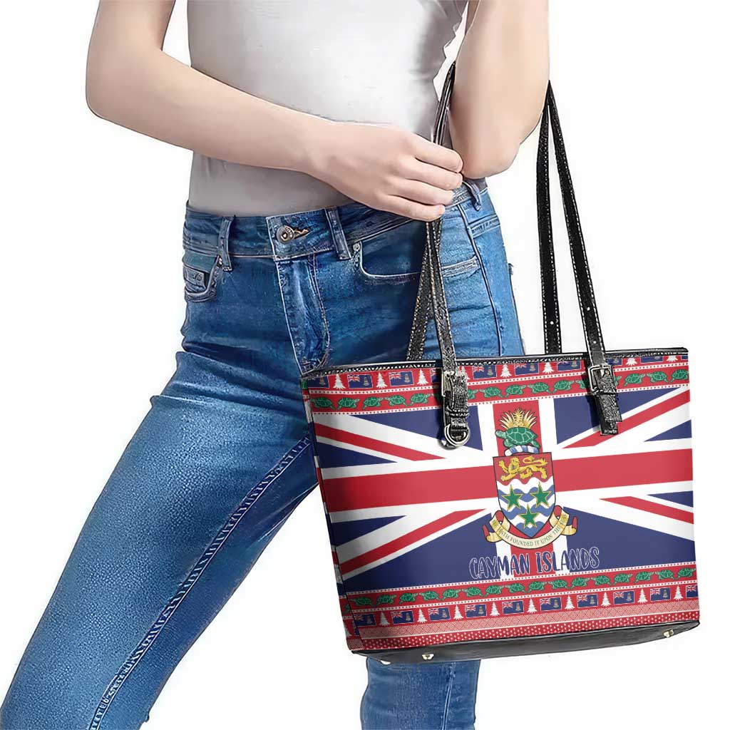 Cayman Islands Christmas Leather Tote Bag Coat Of Arms - Flag Style - Wonder Print Shop