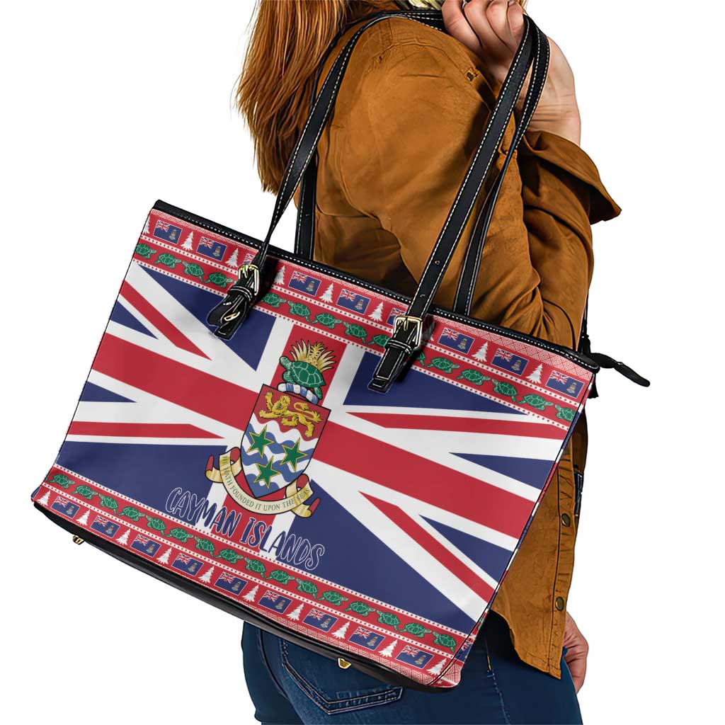 Cayman Islands Christmas Leather Tote Bag Coat Of Arms - Flag Style - Wonder Print Shop