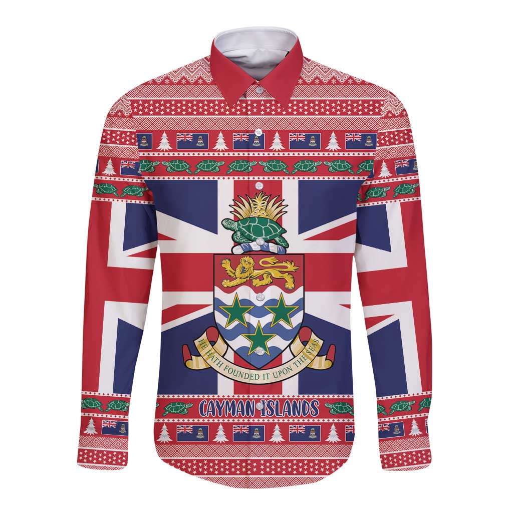 Cayman Islands Christmas Long Sleeve Button Shirt Coat Of Arms - Flag Style - Wonder Print Shop