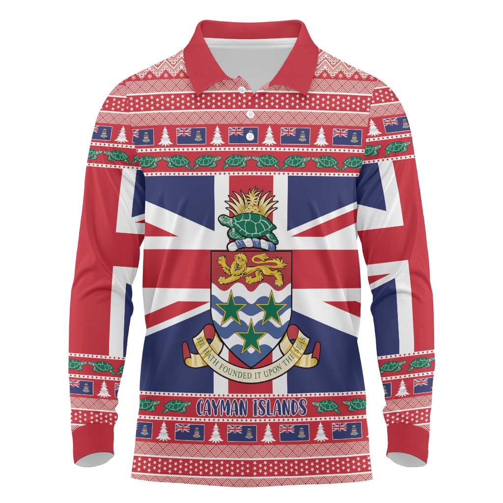 Cayman Islands Christmas Long Sleeve Polo Shirt Coat Of Arms - Flag Style - Wonder Print Shop