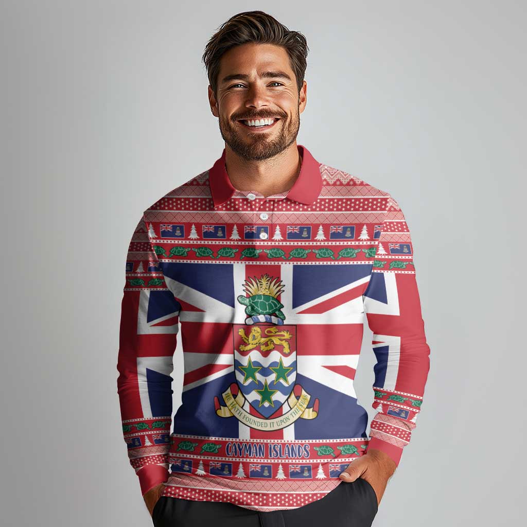 Cayman Islands Christmas Long Sleeve Polo Shirt Coat Of Arms - Flag Style - Wonder Print Shop