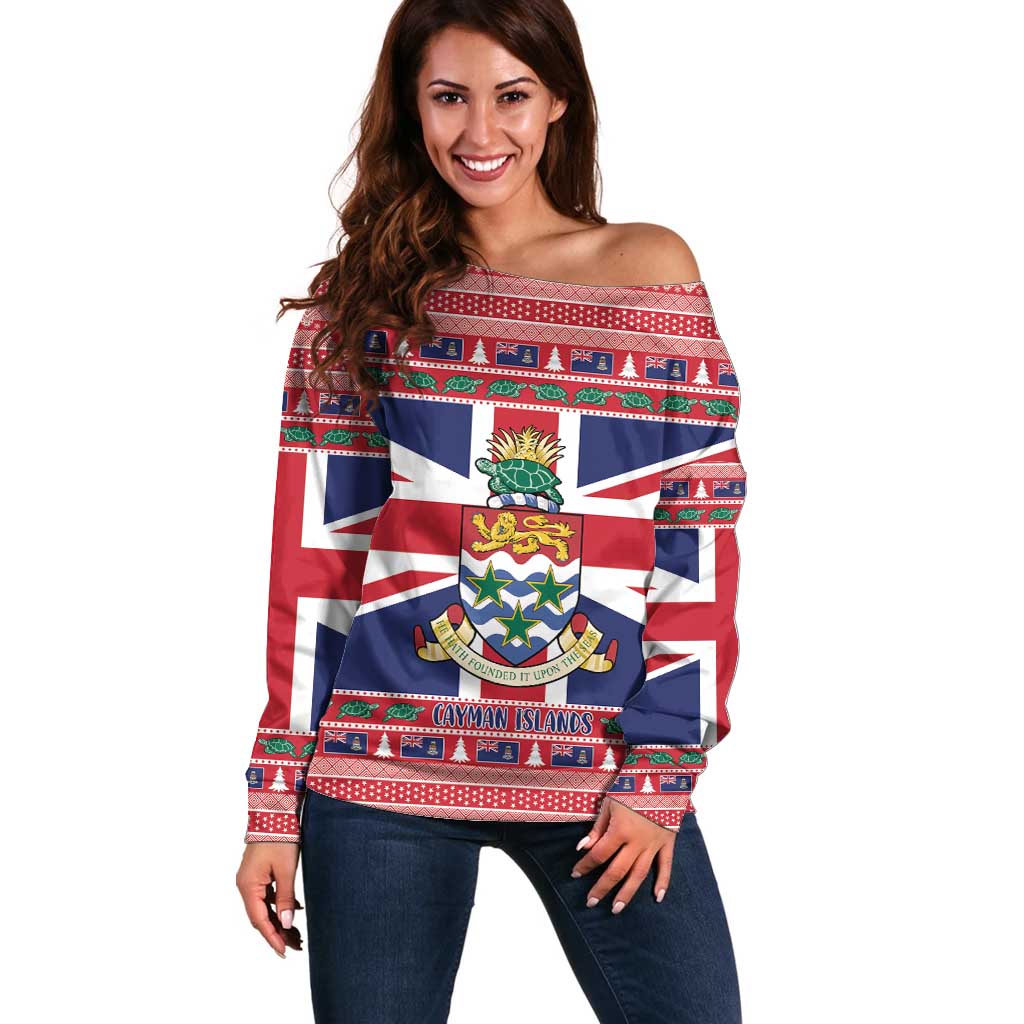 Cayman Islands Christmas Off Shoulder Sweater Coat Of Arms - Flag Style - Wonder Print Shop