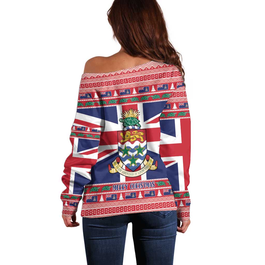 Cayman Islands Christmas Off Shoulder Sweater Coat Of Arms - Flag Style - Wonder Print Shop
