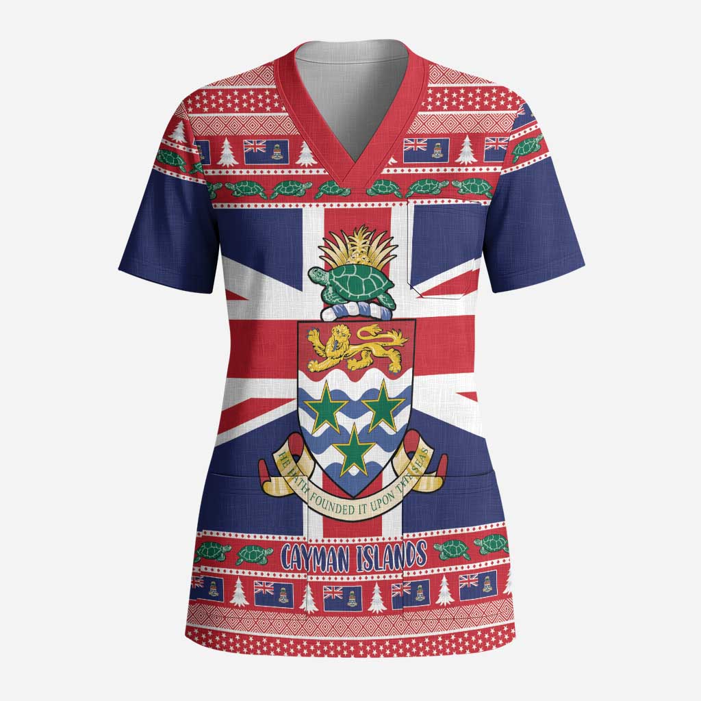 Cayman Islands Christmas Scrub Top Coat Of Arms - Flag Style - Wonder Print Shop