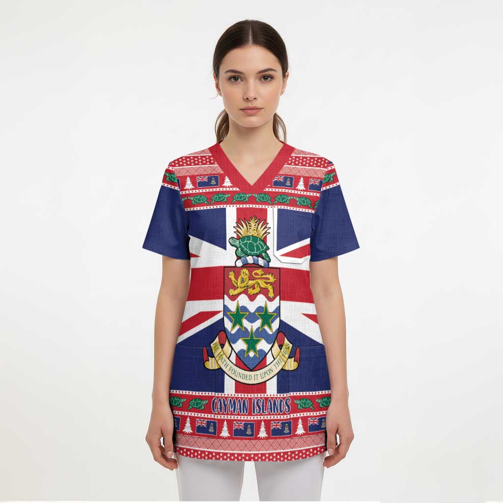 Cayman Islands Christmas Scrub Top Coat Of Arms - Flag Style - Wonder Print Shop