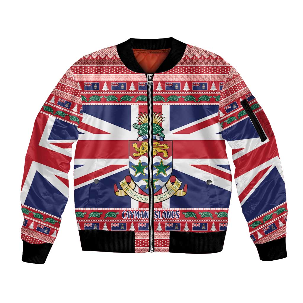 Cayman Islands Christmas Sleeve Zip Bomber Jacket Coat Of Arms - Flag Style - Wonder Print Shop