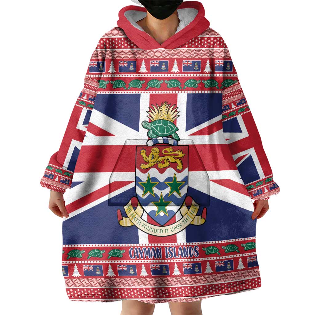 Cayman Islands Christmas Wearable Blanket Hoodie Coat Of Arms - Flag Style - Wonder Print Shop