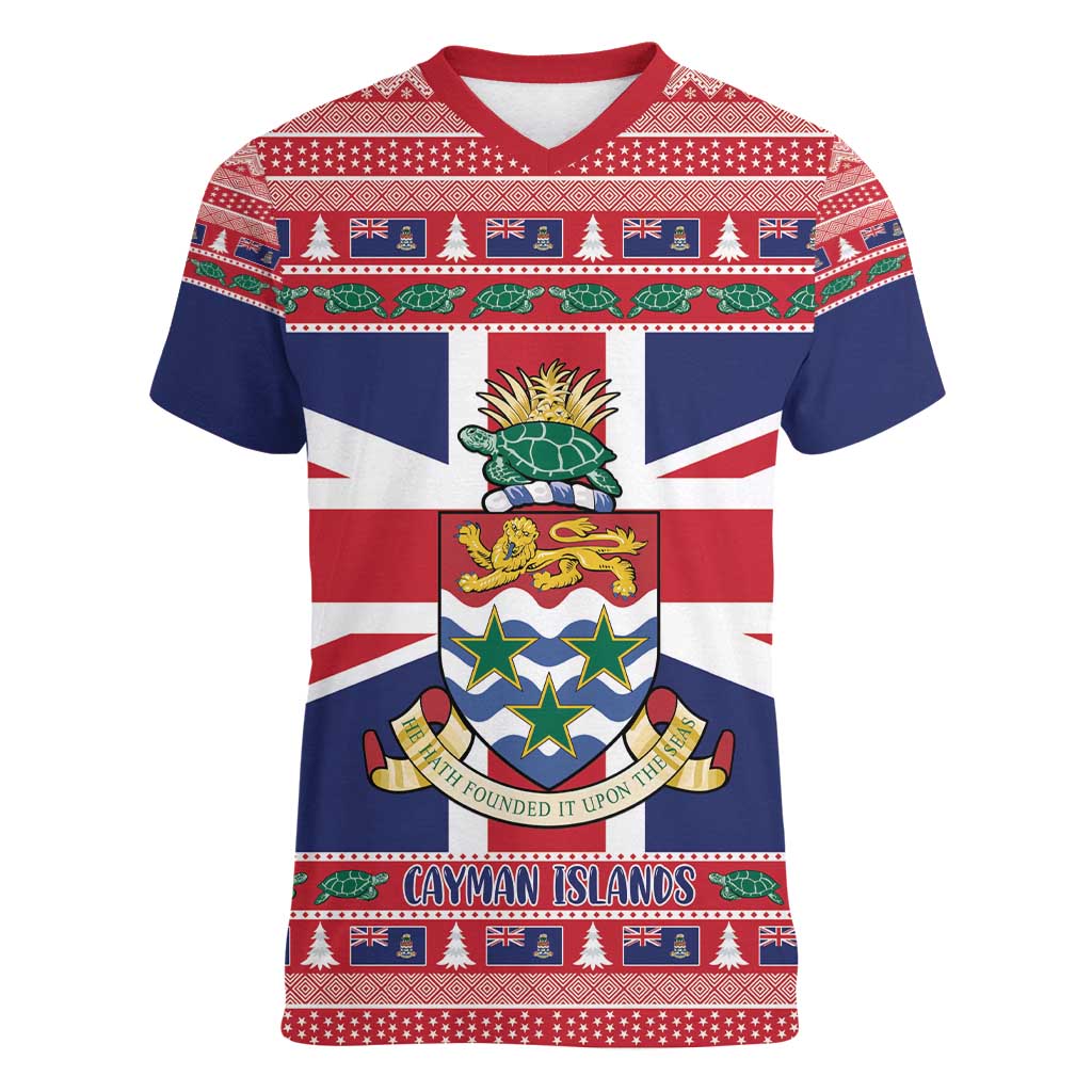 Cayman Islands Christmas Women V-Neck T-Shirt Coat Of Arms - Flag Style - Wonder Print Shop