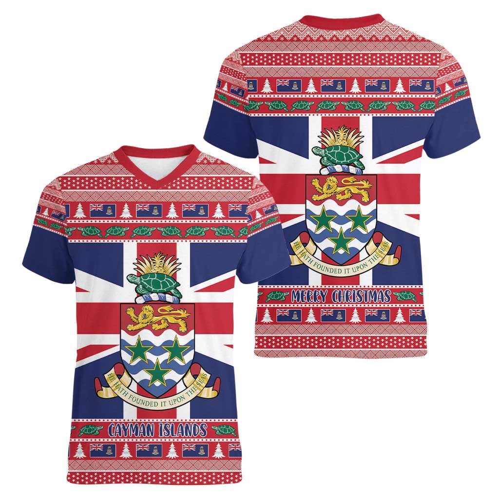 Cayman Islands Christmas Women V-Neck T-Shirt Coat Of Arms - Flag Style - Wonder Print Shop