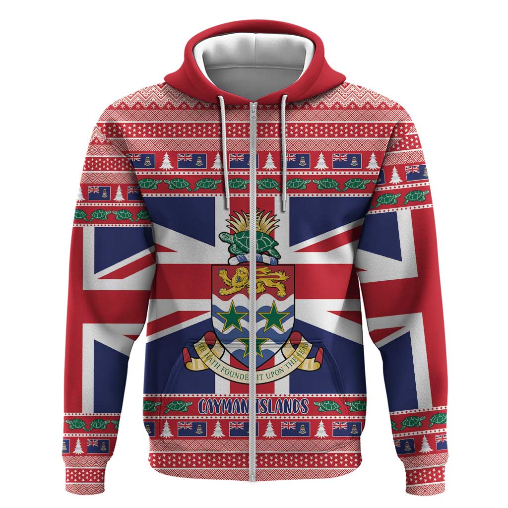Cayman Islands Christmas Zip Hoodie Coat Of Arms - Flag Style - Wonder Print Shop