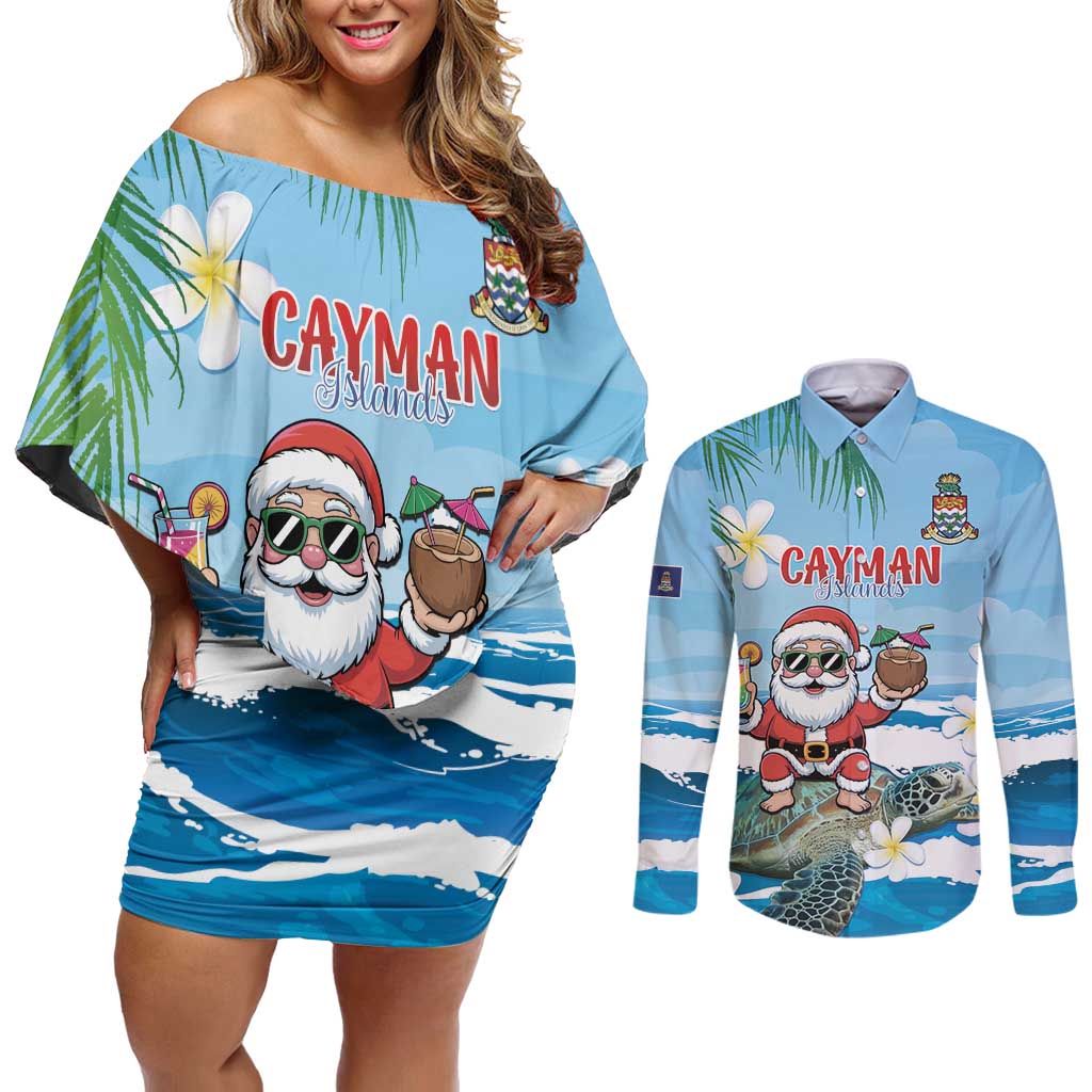 Cayman Islands Christmas Couples Matching Off Shoulder Short Dress and Long Sleeve Button Shirt Merry Xmas - Wonder Print Shop