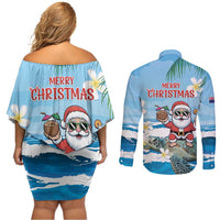 Cayman Islands Christmas Couples Matching Off Shoulder Short Dress and Long Sleeve Button Shirt Merry Xmas - Wonder Print Shop