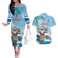 Cayman Islands Christmas Couples Matching Off The Shoulder Long Sleeve Dress and Hawaiian Shirt Merry Xmas - Wonder Print Shop