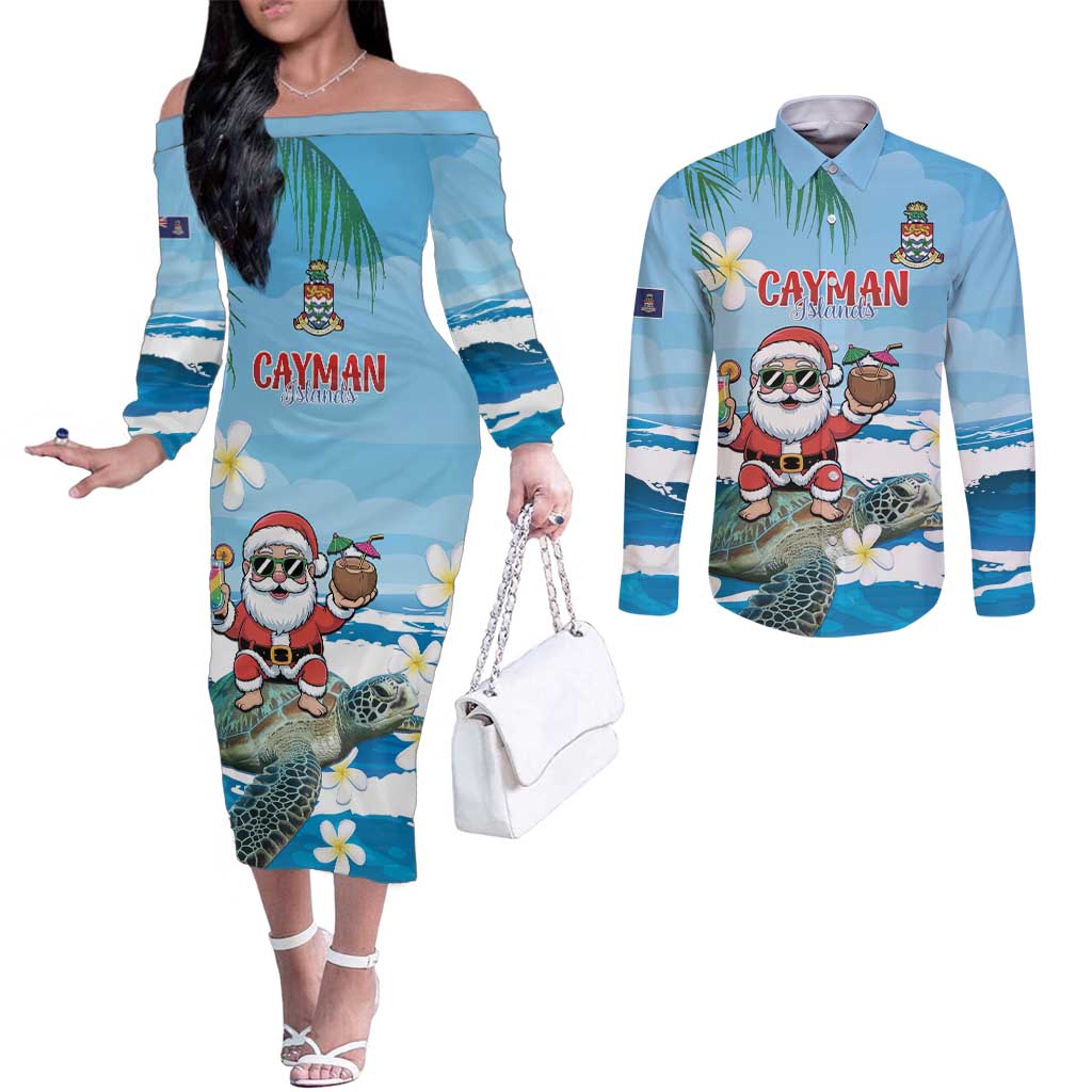 Cayman Islands Christmas Couples Matching Off The Shoulder Long Sleeve Dress and Long Sleeve Button Shirt Merry Xmas - Wonder Print Shop