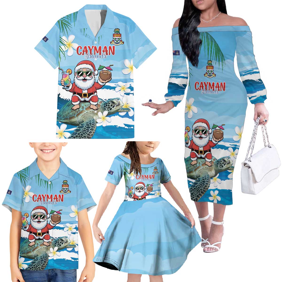 Cayman Islands Christmas Family Matching Off The Shoulder Long Sleeve Dress and Hawaiian Shirt Merry Xmas - Wonder Print Shop