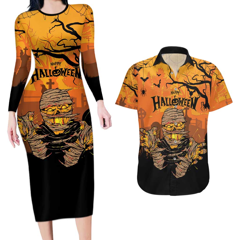 Personalized Halloween Egypt Mummy Couples Matching Long Sleeve Bodycon Dress and Hawaiian Shirt Trick or Treat - Wonder Print Shop