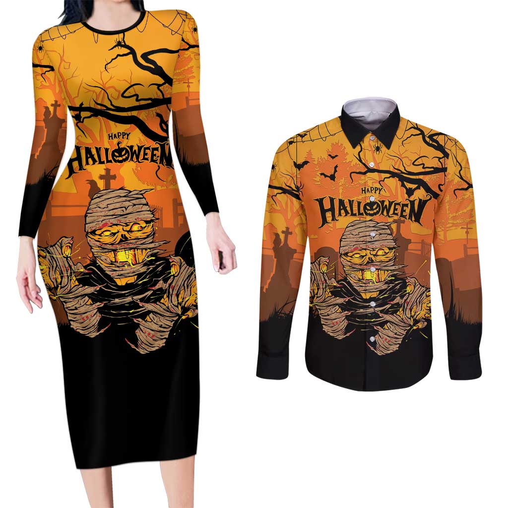 Personalized Halloween Egypt Mummy Couples Matching Long Sleeve Bodycon Dress and Long Sleeve Button Shirt Trick or Treat - Wonder Print Shop