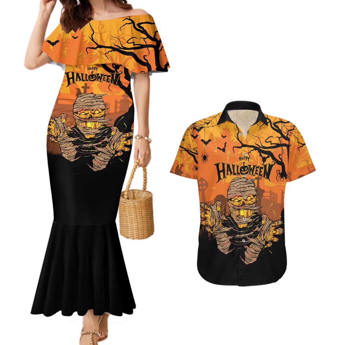 Personalized Halloween Egypt Mummy Couples Matching Mermaid Dress and Hawaiian Shirt Trick or Treat - Wonder Print Shop
