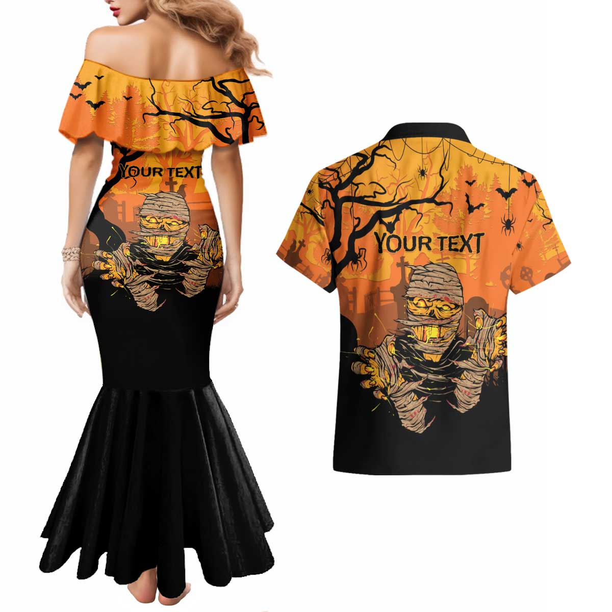 Personalized Halloween Egypt Mummy Couples Matching Mermaid Dress and Hawaiian Shirt Trick or Treat - Wonder Print Shop