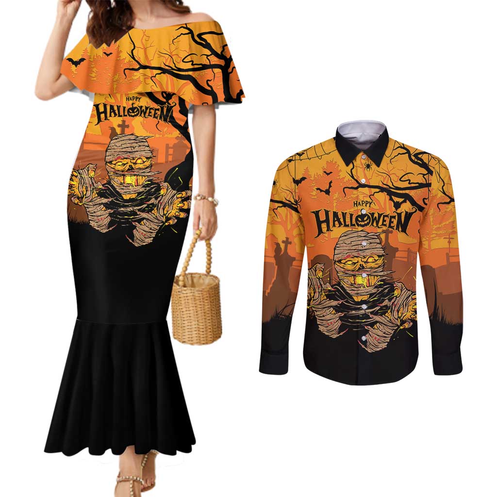Personalized Halloween Egypt Mummy Couples Matching Mermaid Dress and Long Sleeve Button Shirt Trick or Treat - Wonder Print Shop