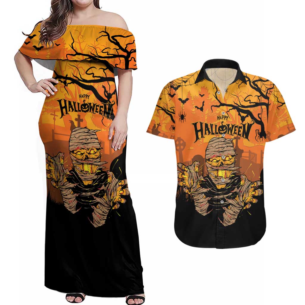Personalized Halloween Egypt Mummy Couples Matching Off Shoulder Maxi Dress and Hawaiian Shirt Trick or Treat - Wonder Print Shop
