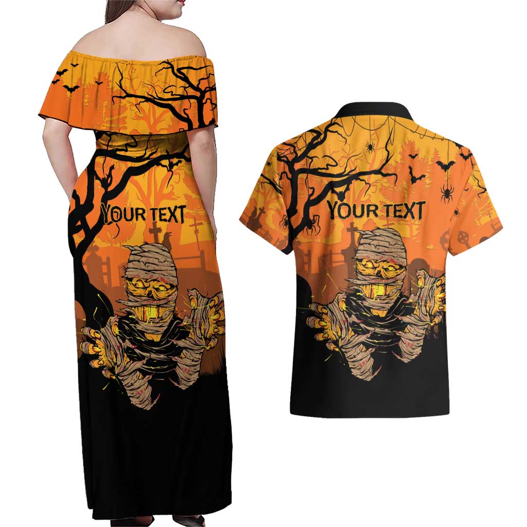 Personalized Halloween Egypt Mummy Couples Matching Off Shoulder Maxi Dress and Hawaiian Shirt Trick or Treat - Wonder Print Shop