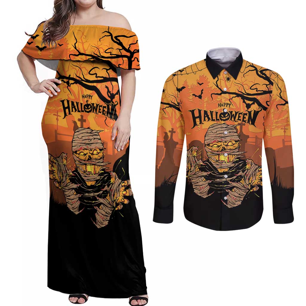 Personalized Halloween Egypt Mummy Couples Matching Off Shoulder Maxi Dress and Long Sleeve Button Shirt Trick or Treat - Wonder Print Shop