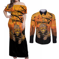 Personalized Halloween Egypt Mummy Couples Matching Off Shoulder Maxi Dress and Long Sleeve Button Shirt Trick or Treat - Wonder Print Shop