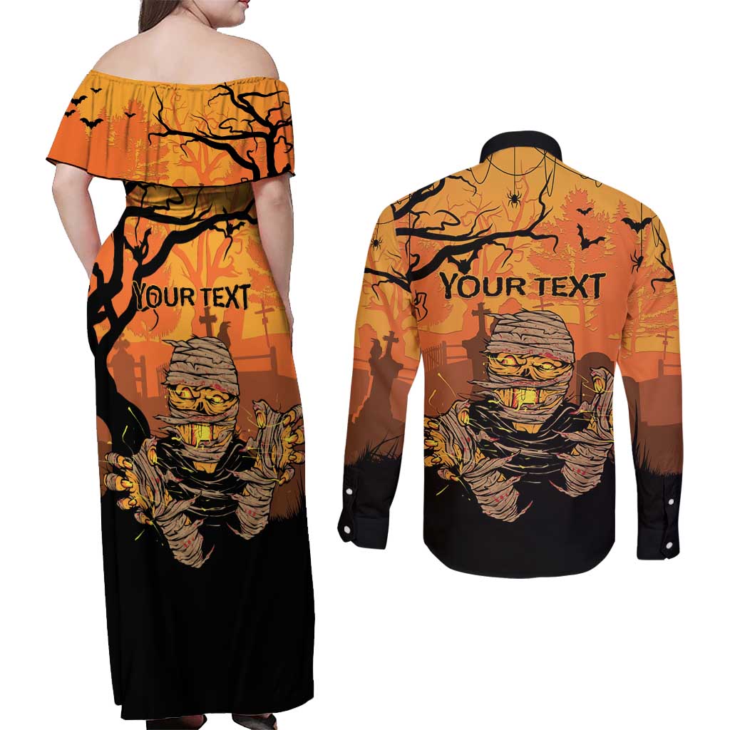 Personalized Halloween Egypt Mummy Couples Matching Off Shoulder Maxi Dress and Long Sleeve Button Shirt Trick or Treat - Wonder Print Shop