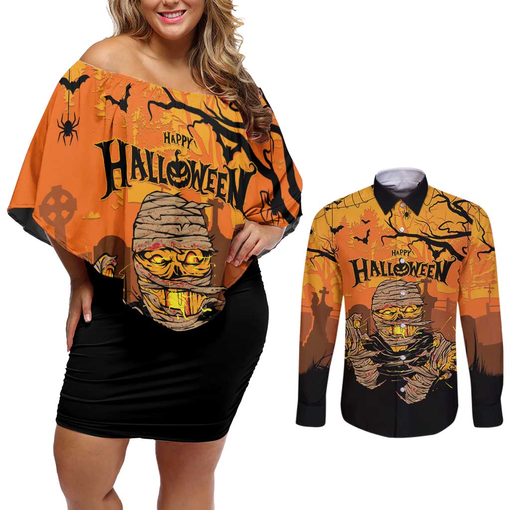 Personalized Halloween Egypt Mummy Couples Matching Off Shoulder Short Dress and Long Sleeve Button Shirt Trick or Treat - Wonder Print Shop